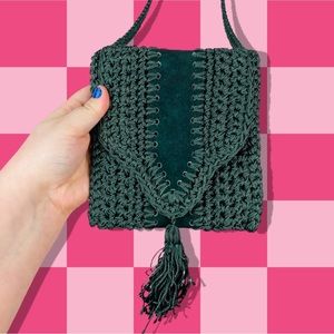 Vintage Suede Leather Knit Crochet Macrame Boho Tassel Crossbody Mini Bag Green